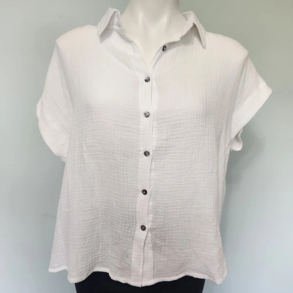Faroro White Button Down Top High Low Lightweight Summer Blouse